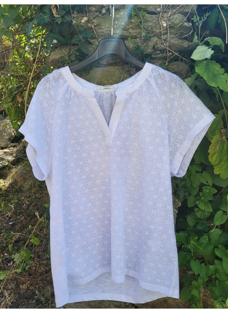 Camiseta blanca de algodón con mezcla de texturas de mujer