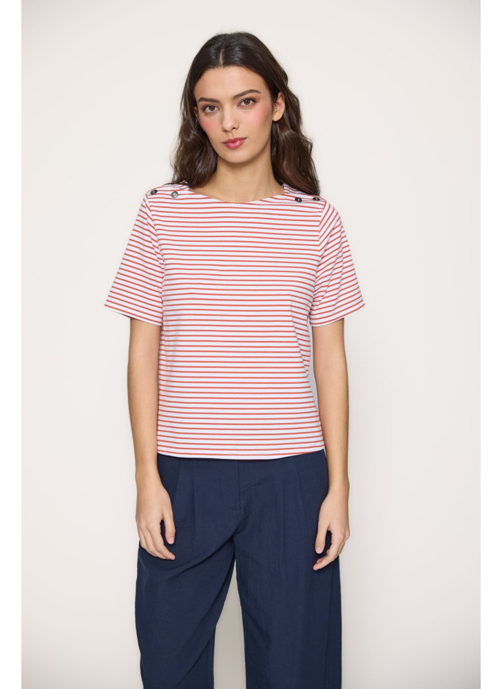 Camiseta de rayas de mujer botón en hombro