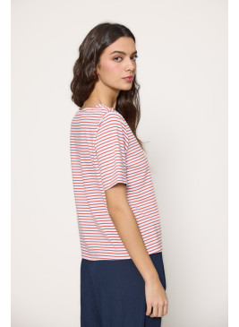 Camiseta de rayas de mujer botón en hombro