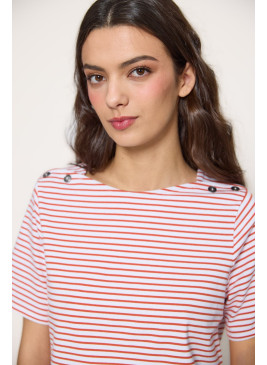 Camiseta de rayas de mujer botón en hombro
