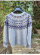 Jersey gris con cenefa azul, naranja, mostaza y turquesa
