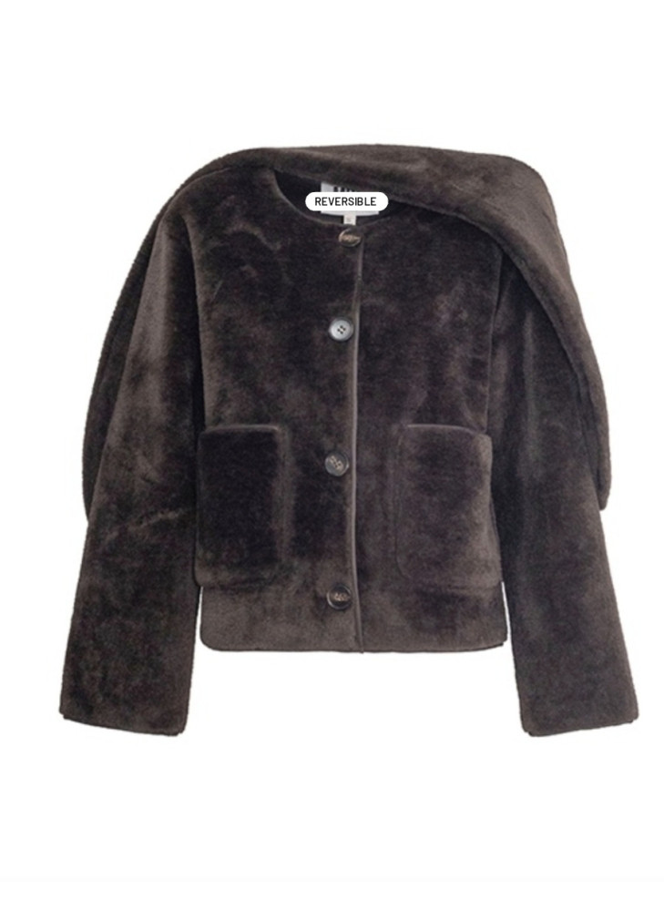Chaqueta reversible marrón corto con bufanda extraible de mujer